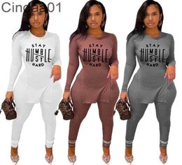Autumn Tracksuits Rib Two Piece Set Designer Outfits Woman Casual Knit Letter Printed T Shirt Solid Long Sleeve Pants Fall Clothes5490090