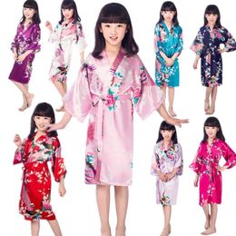 Wholesale Link Children Bathrobes Kids Sleepwear Clothing Girls Stain Silk Kimono Pea Flower Robe For Spa Wedding Birthday L2405