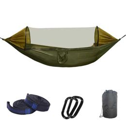 Hammocks Nylon military hammock 2-person camping adult with mosquito net support pole tent 280x140cm H240530 IVQ1
