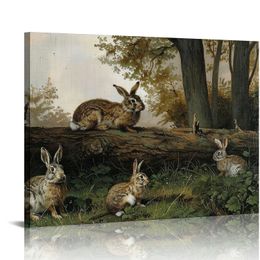 Rustic Farmhouse Wall Art Decor - Rolled Canvas - Easter Day Bunny Rabbit Cute Animal Moody Painting - Rustic Vintage Decor Bedroom - Antique French Poster - Spring Summer