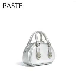 Drawstring 2024 Summer Small Shell Bowling Tote Vintage Buckle Design Silver Cow Leather Women Handbag Mini Daily-use Female Shoulder Bag