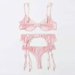 3pcs Heart Pink Women Sexy Bra Briefs Set With Garter Belt Lace Open Bra Thong Exotic Transparent See Through Lingerie Set