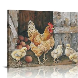 Farmhouse Wall Art Rooster Print: Hen Painting Small Born Chicks Picture Barnyard Birds Vintage Wood Framed Canvas Artwork for Kitchen Decor Easy Hanging