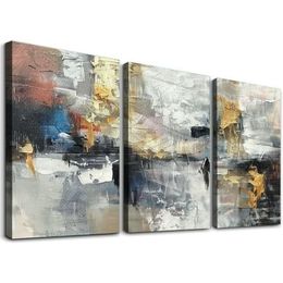 Grey Abstract Canvas Wall Art: Bedroom Modern Heavy Texture Painting Gold Colourful Artwork for Living Room Decor 12''x16''X3 Panels