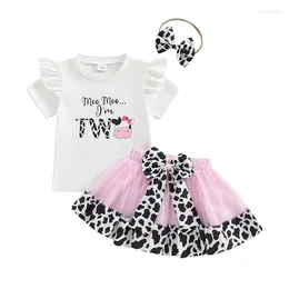 Clothing Sets Baby Girl Birthday Outfit Summer Letter Cow Print Short Sleeve T-Shirt And Tulle Skirt Headband Set Casual Cute Clothes