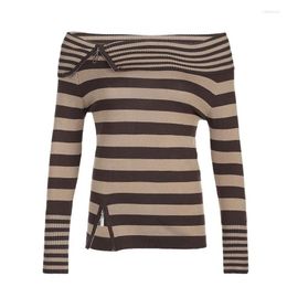 Women's T Shirts Y2k Striped Knitted Vintage Shirt Women Full Sleeve Zipper Asymmetrical Pullovers Tops Stylish Hippie Tee Harajuku Top