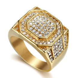 Micro Pave Geometric Hiphop Men Ring 14K Gold Iced Out Bling Cubic Zirconia Rings Golden Colour Jewellery