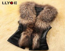 LLYGE PU Leather Faux Fur Women Winter Coat 2018 Casual Plus Size Sleeveless Faux Fur Collar Vest Winter Fashion Jacket Coat7743319