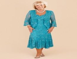 Mother Off Bride Dresses V Neck Turquoise Full Lace Long Sleeves Tea Length Sheath Plus Size Prom Party Mother039s Dresses Jack7418558