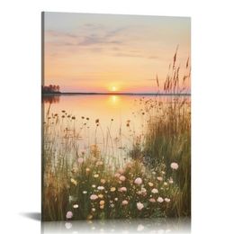 Nature Landscape Canvas Wall Art Modern Lake Picture Print Vertical Sunset Scene Picture Artwork Painting for Living Room Bedroom Decor