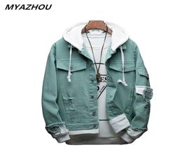 Autumn hooded denim jacket men039s fake two pieces solid Colour loose coat fashion designer men039s casual denim jacket S3XL9756240