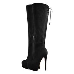 Boots Women Platform Zip 16cm Thin High Hl Stiletto Stretch Over The Kn High Boots Woman Fashion Big Size Sexy Boots H240530 WG3M