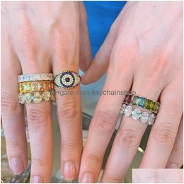 With Side Stones Fashion Rainbow Cz Paved Evil Eye Shape Ring For Women Lady Wedding Party Jewelry Wholesale Drop Delivery Dhnu3