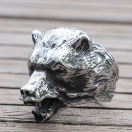 Rings Cool Viking Bear Head Ring Mens Slavic Bear Berserk 14K White Gold Biker Rings Male Punk Animal Ring Nordic Amulet Jewellery