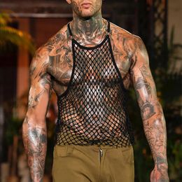 Men Vest Undershirt Gay Clothing Sexy Mesh Shirt Muscle Singlet See Through Fishnet Sleeveless Mens Tank Top Transparent Shirt 240529