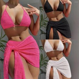 Women's Swimwear Women Bikini Set Sarong Wrap Skirts Solid Color Halterneck Bra Low Waist Briefs With Tie-up Skirt Bathing Suit 3PCS