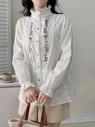 Women's Blouses Mori Kei Clothing Ruffled Stand Collar Long Sleeve Lace Embroider Women Spring Cotton Boho White Shirts Bohemian Clothin