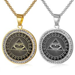 Hip Hop Mens Freemason 14K Gold Pendant Necklace Iced Out Rhinestone Illuminati All-seeing Eye Coins Round Charming Necklace