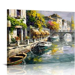 Vintage Wall Art Riverside Village Town Canvas Print Home Decor Wall Hanging Rustic Landscape Floral Wall Decor Framed Artwork for Bathroom Bedroom Living Room