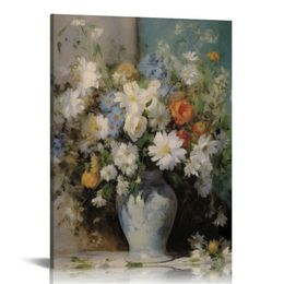 Framed Canvas Print Wall Art, Vintage French Flower Wall Art Home Decor, Ceramic Vase Floral for Living Room, Office Decor (Bouquet de printemps)