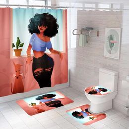 Shower Curtains 4pcs/Set Bathroom Mat Set Anti-Slip Girl Series Waterproof Curtain Polyester Cloth Floor Washable Toilet