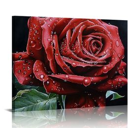 Zimmerdekoration Wandkunst rotes Rose Bild lebendiger blumiger Leinwandabdruck, Bild eines Rosenrahms Wunderschönes Rosenkunst für Heimschlafzimmer (rote Rose, 20x16inch)