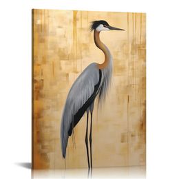 Bird Canvas Wall Art Blue Heron with Gold Foil Picture Print Rustic Farmhouse Animal Painting Modern Artwork for Living Room Bedroom Bathroom Decor Framed