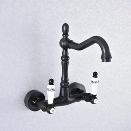 Kitchen Faucets Black Oil Rubbed Brass Dual Handle Double Hole Wall Mount Wash Basin Faucet Swivel Spout Bathroom Sink Mixer Tap Dsf760