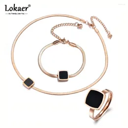 Necklace Earrings Set Trendy Square Black Acrylic Bracelet Rings Sets Titanium Steel Rose Gold Color Office Jewelry For Women SE019