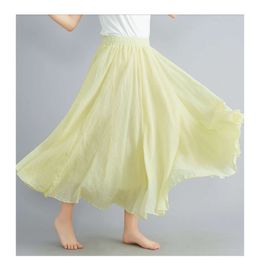 Designer's New Summer Art Loose Size Cotton and Hemp Half Skirt Elastic Waist A-line Long Skirt Solid Colour Pleated Large hem SkirtAV6N