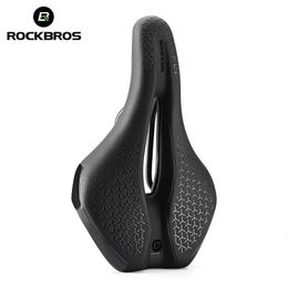 ROCKBROS Bicycle Saddle Hollow Breathable Shockproof Cycling Seat PU NonSlip Leather Cushion Lightweight MTB Road Bike 240530