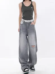 Women's Jeans Distressed Gradient Gray Wide Leg Young Girl Street Straight Bottoms Vintage Casual Trousers Female Baggy Pants
