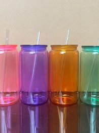 Mugs 16oz Sublimation Glass Cup Coloured High Borosilicate Cola Plastic Lid Mason Selling Water