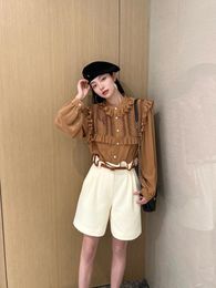 Women's Polos Xiaojingjia's Same Style French Small Design Sense Heavy Industry Paper Piece Vertical Cut Wood Ear Edge Shirt