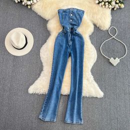 Amolapha Women Backless Breastless Denim Jumpsuit Design Sense Casual High Waist Show Slim Straight Leg Rompers 240520