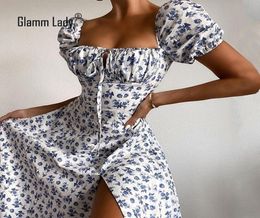 Glamm Lady Floral Print Casual Midi Sexy Party Dresses For Womens Strapless Autumn Summer Dress Club Bodycon Dress Puff Vestidos 24028407