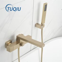 Tuqiu Brushed Gold Bathtub Shower Set Wall Mounted Hot and Cold Waterfall Bathtub Faucet Hot Cold Bath and Shower Mixer Tap