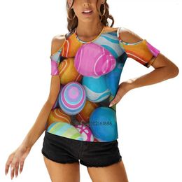 Women's T Shirts Easter Egg Pattern Design Women V Neck T-Shirt Casual Sexy Hollow Out Zipper Pullover Top