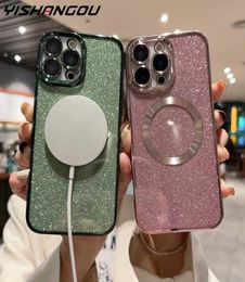 Magnetic For Magsafe Wireless Charge Glitter Case For iPhone 14 13 12 Pro Max Camera Lens Film Protector Plating Silicone Cover9966329