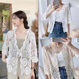 Women's T Shirts Womens Tie Front Cardigan Long Sleeve Hollow Out Crochet Floral Lace Jackets N7YF