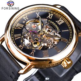 Forsining Classic Black Golden Openwork Watches Skeleton Mens Mechanical Wristwatches Top Brand Luxury Black Genuine Leather 283n