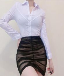 Work Dresses WOMENGAGA JK Exotic Super Sexy Nightclub OL White Long Sleeve Shirt Blouse Mesh Lace Mini Skirt Suit Pleated Twopie9165019