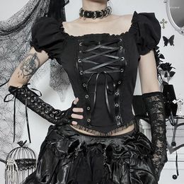 Women's Polos Goth Lace Mesh Short Sleeves T-Shirts Y2K Vintage Aesthetic Sexy See Through Black Lace-up Corset Crop Tops Women Summer Tees
