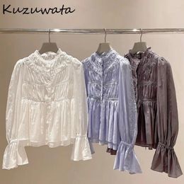 Women's Blouses Kuzuwata Sweet Flare Sleeve Ruffled Euched Shirt Patchwork Elegant Cotton All-match Japan Moda Hollow Out Blusas