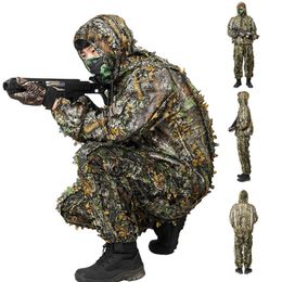 Men Women Outdoor Ghillie Suit Poncho Camouflage 3D Leaf Military Hunting Sniper Clothes Jungle Suit CS Training Leaves Clothing