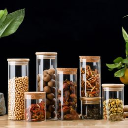 10X Glass Spice Jars Storage Containers Airtight bamboo Cover Food Canister Sets For Kitchen Counter Jar Lids Flour Pantry Candy