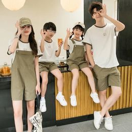 Family Matching Clothes Mother Daughter Tee Shirt Overalls Sets Father Son T Shirts Shorts Outfits Korean Parent-child Clothing 240530