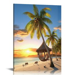 Strand Seaside Canvas Wall Art: Coastal Coconut Trees Målar Ocean Swing Hanging On Palm Tree Picture Seascape Sunset Artwork Decor för vardagsrum Badrum