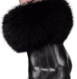 Winter black sheepskin Mittens Leather Gloves For Women Rabbit Fur Wrist Top Sheepskin Gloves Black Warm Female Driving Gloves 2014205662