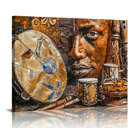 African Drums Wall Art Vintage Ethnic Musical Instruments Painting on Canvas African Music Picture Poster for Living Room Rusic Room Decor Framed Ready to Hang "20X16"